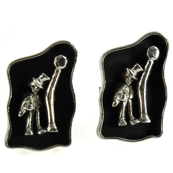 Swank 1950s Vintage Cufflinks Street Scene Black Large Drunkard Lamp Cuff Links - Picture 1 of 3